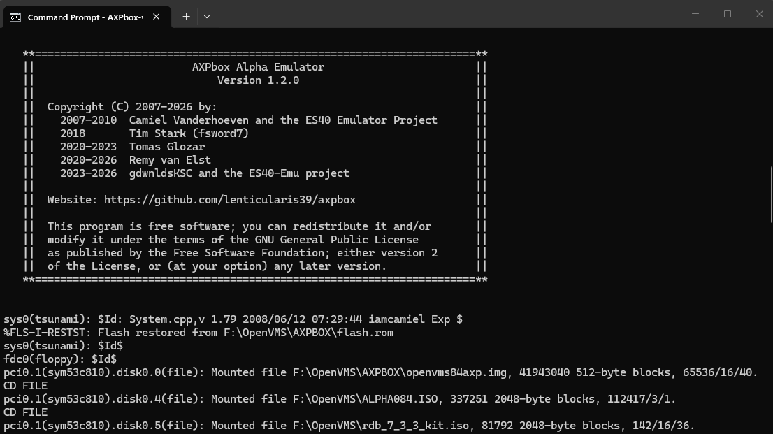 AXPbox Alpha Emulator startup, mounting OpenVMS disk images