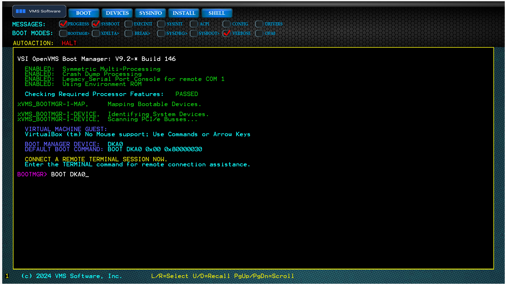 VSI OpenVMS Boot Manager screen issuing BOOT DKA0