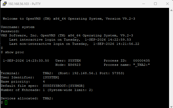 PuTTY session logged into OpenVMS x86_64 V9.2-3 as SYSTEM