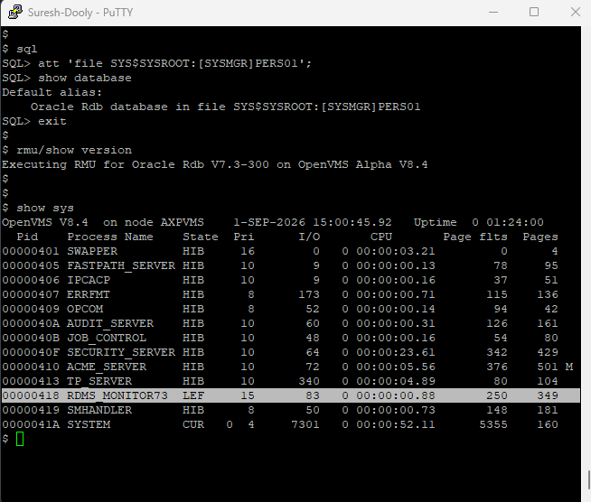 SQL and RMU session connecting to an Oracle Rdb database on OpenVMS