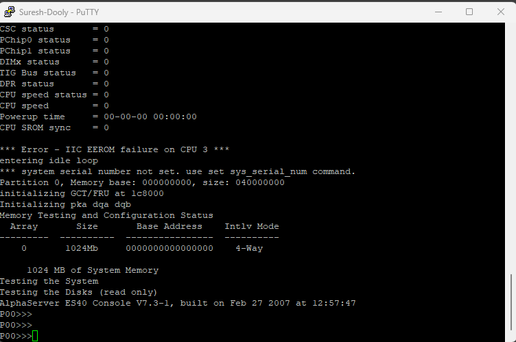 SRM console P00 prompt on an AlphaServer ES40 console