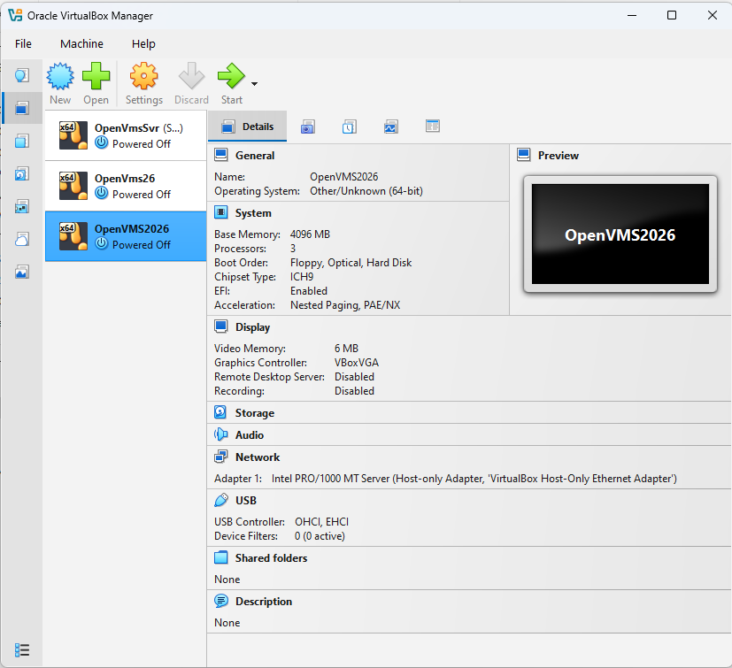 Oracle VirtualBox Manager showing the OpenVMS2026 virtual machine