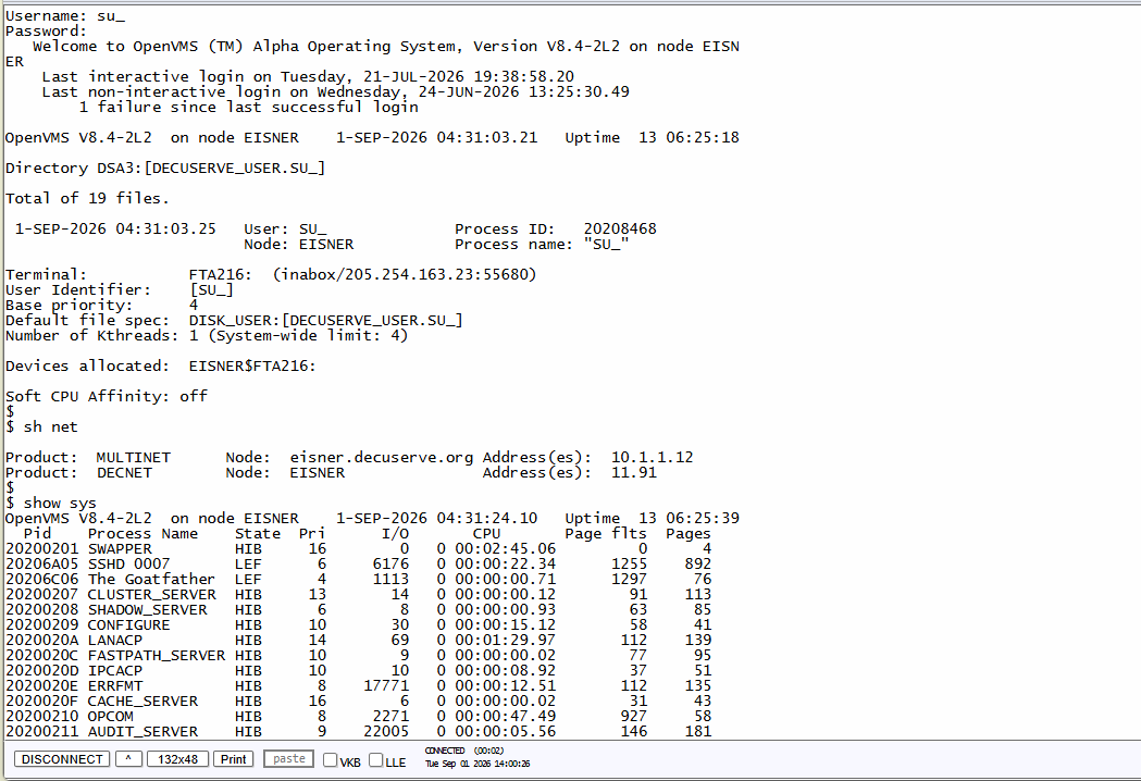 Web-based OpenVMS terminal session showing DCL commands and system status